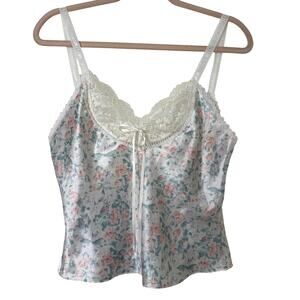 Md Y2k Vtg Circa 2000 Floral Cami Satin Lace Tie Pastel Coquette Feminine Kawaii